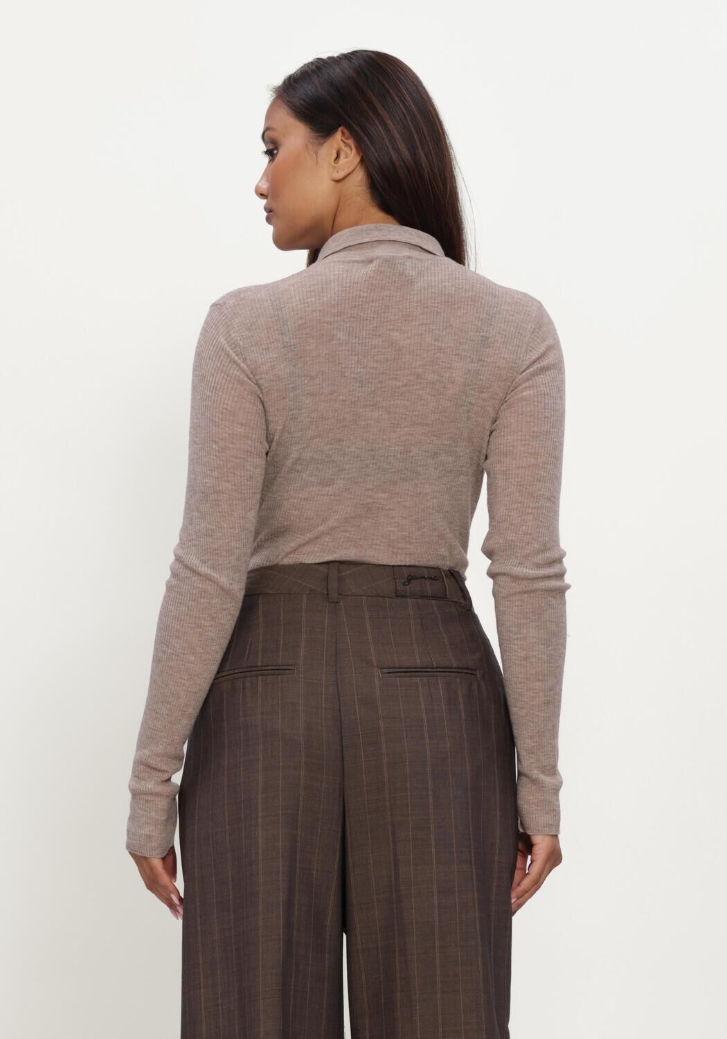 Taupe GANNI Polo SHEER WOOL RIBBED POLO - large