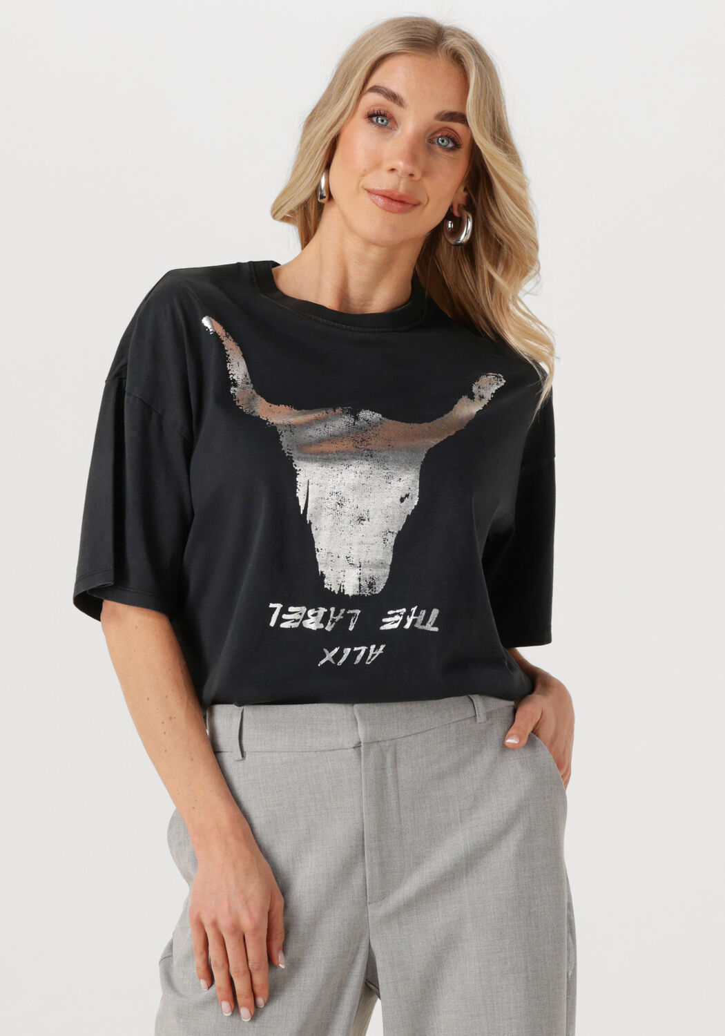 Alix the Label T-Shirt Dames Ladies Knitted Silver Bull Tshirt, Maat: L, Kleur: Zwart