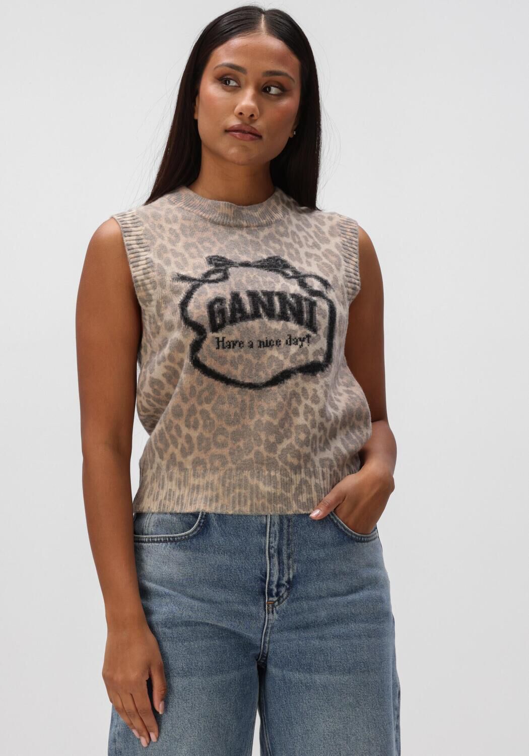 Beige GANNI Trui GRAPHIC WOOL VEST - large