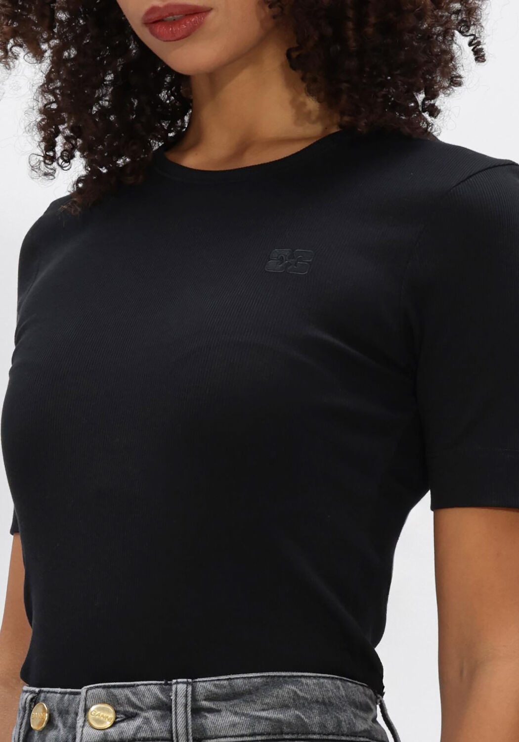 Zwarte GANNI T-shirt SOFT COTTON RIB SHORT SLEEVE T-SHIRT - large