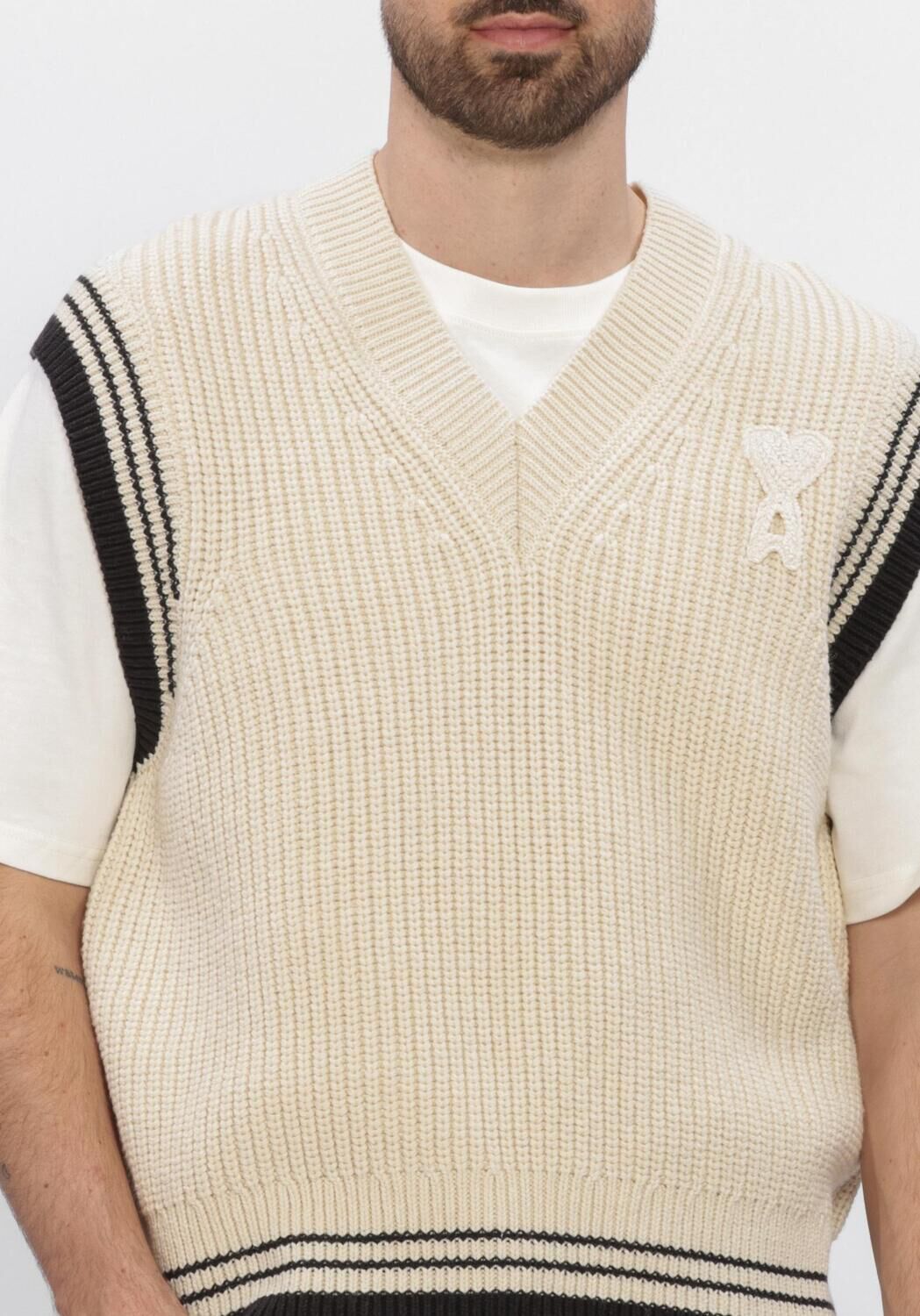 Ecru AMI PARIS Spencer V NECK SLEEVELESS SWEATER WITH AMI DE COEUR PATCH - large