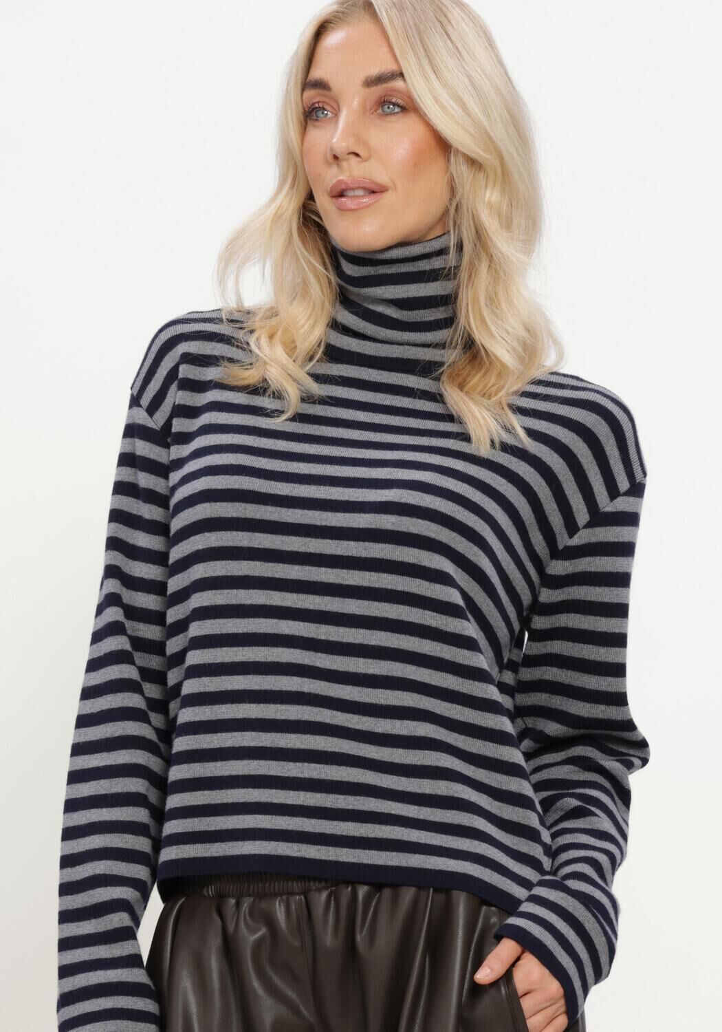 Donkerblauwe JOHNY Trui FREDERIC CASHWOOL ROLLNECK STRIPES - large