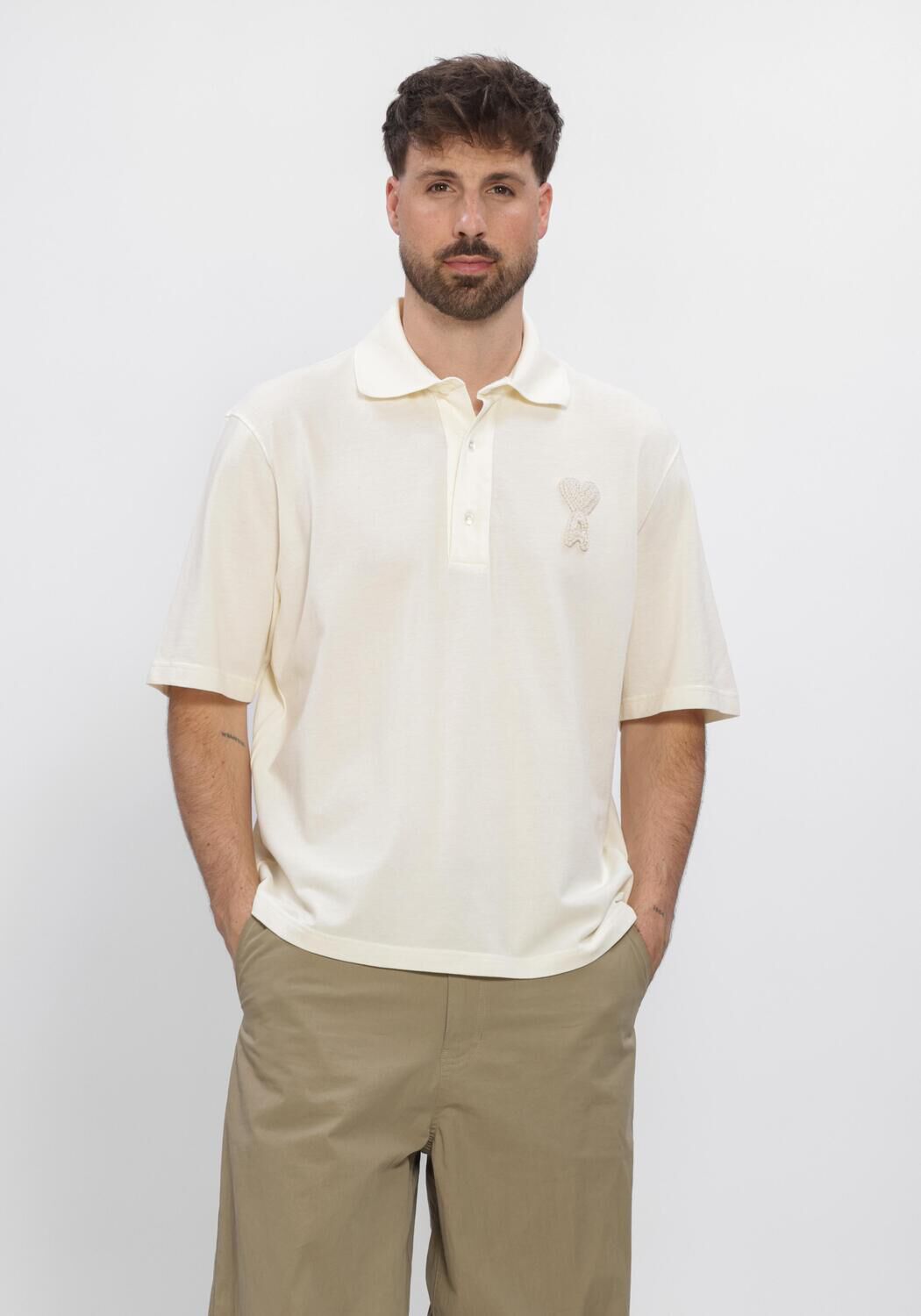 Ecru AMI PARIS Polo BOXY FIT POLO WITH AMI DE COEUR KNITTED PATCH - large