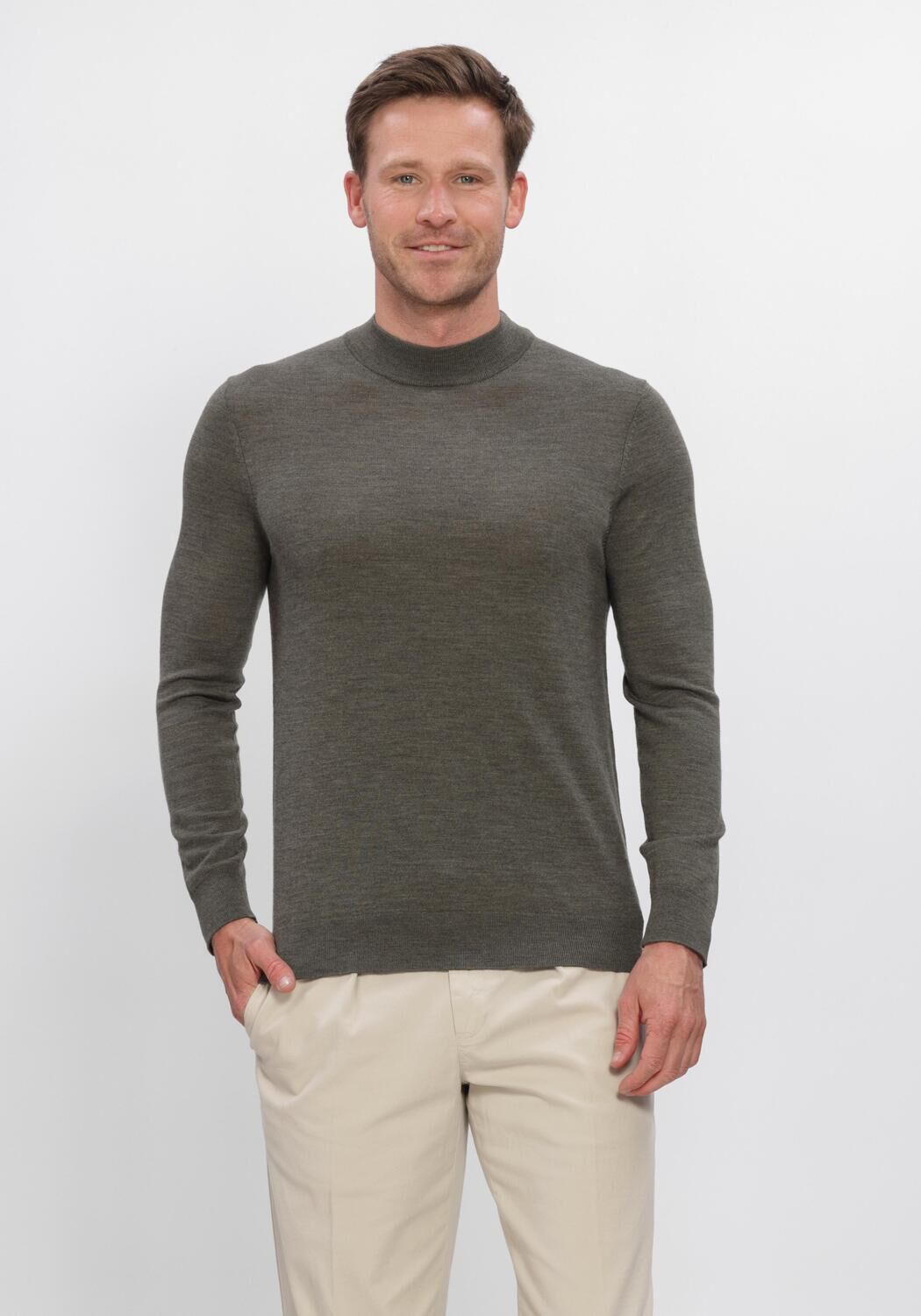 Khaki PROFUOMO Trui PULLOVER MOCK NECK EXTRAFINE MERINO - large