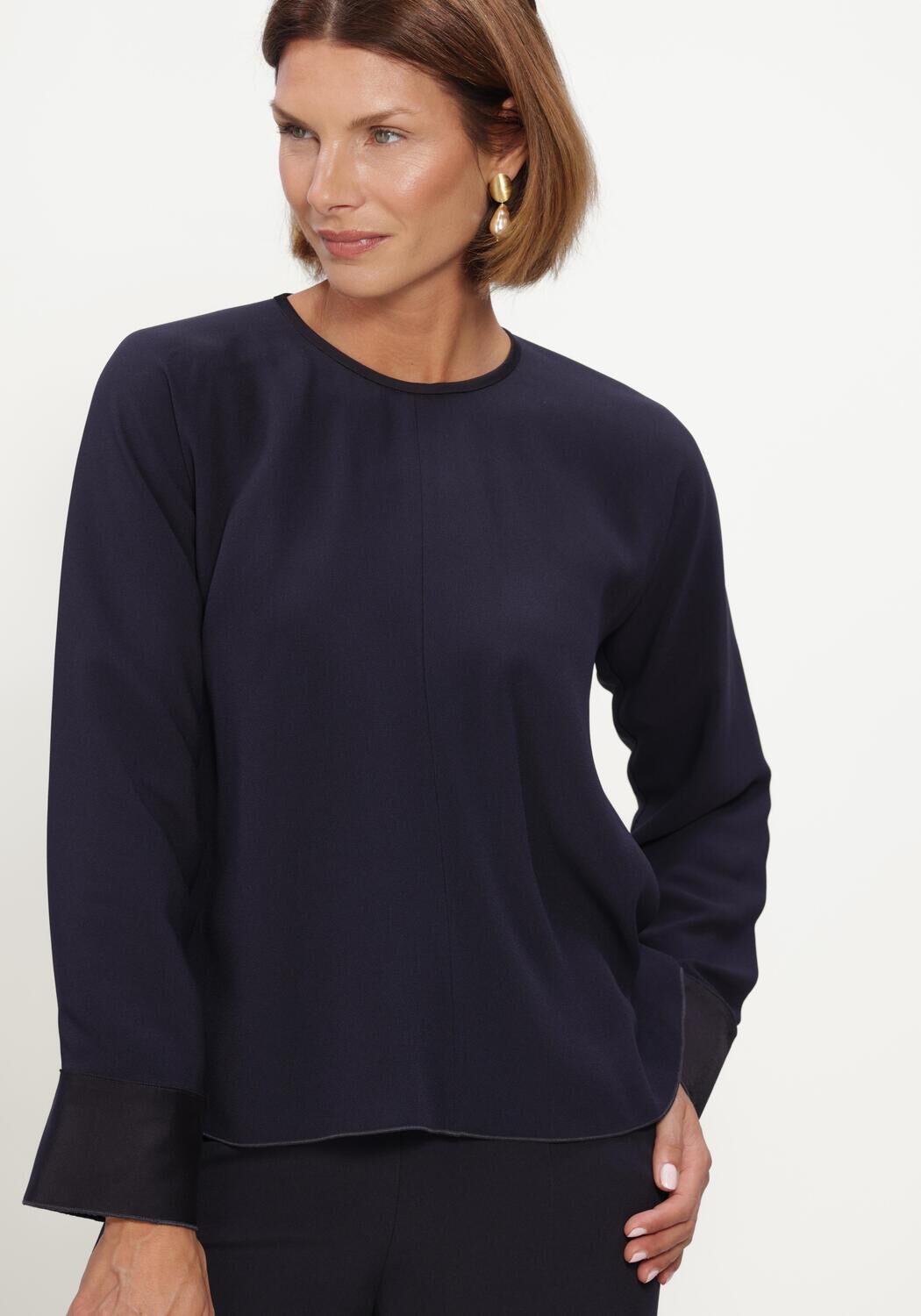 Donkerblauwe FORTE FORTE Top ENVERS SATIN LONG SLEEVE TOP - large