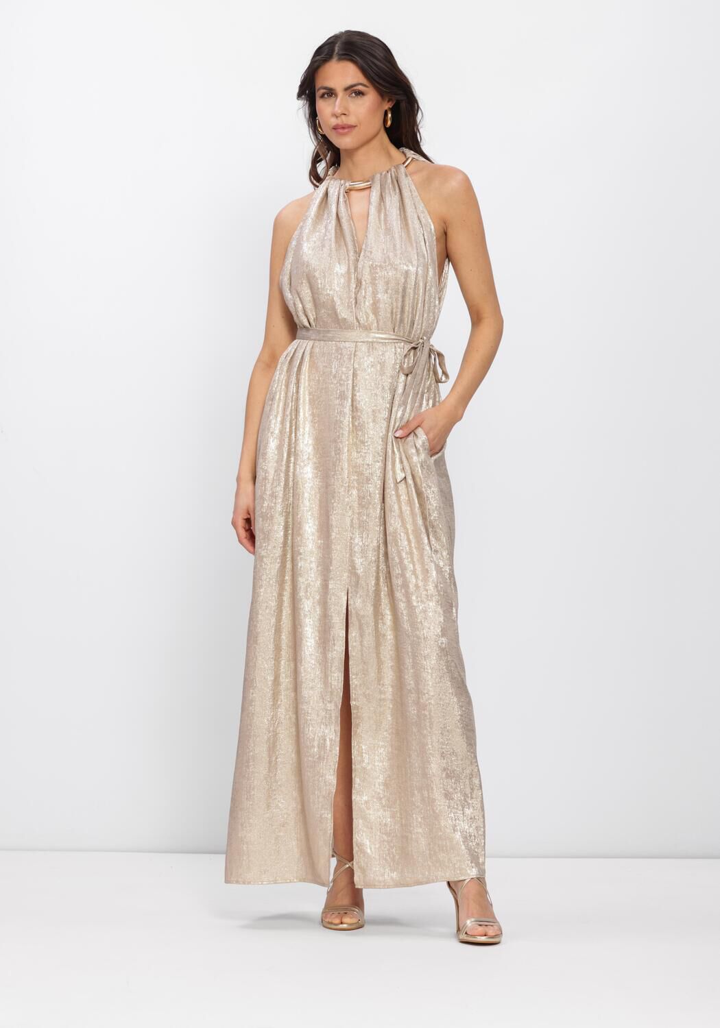 Beige DANTE6 Maxi jurk HEAVENLY METALLIC HALTER DRESS - large