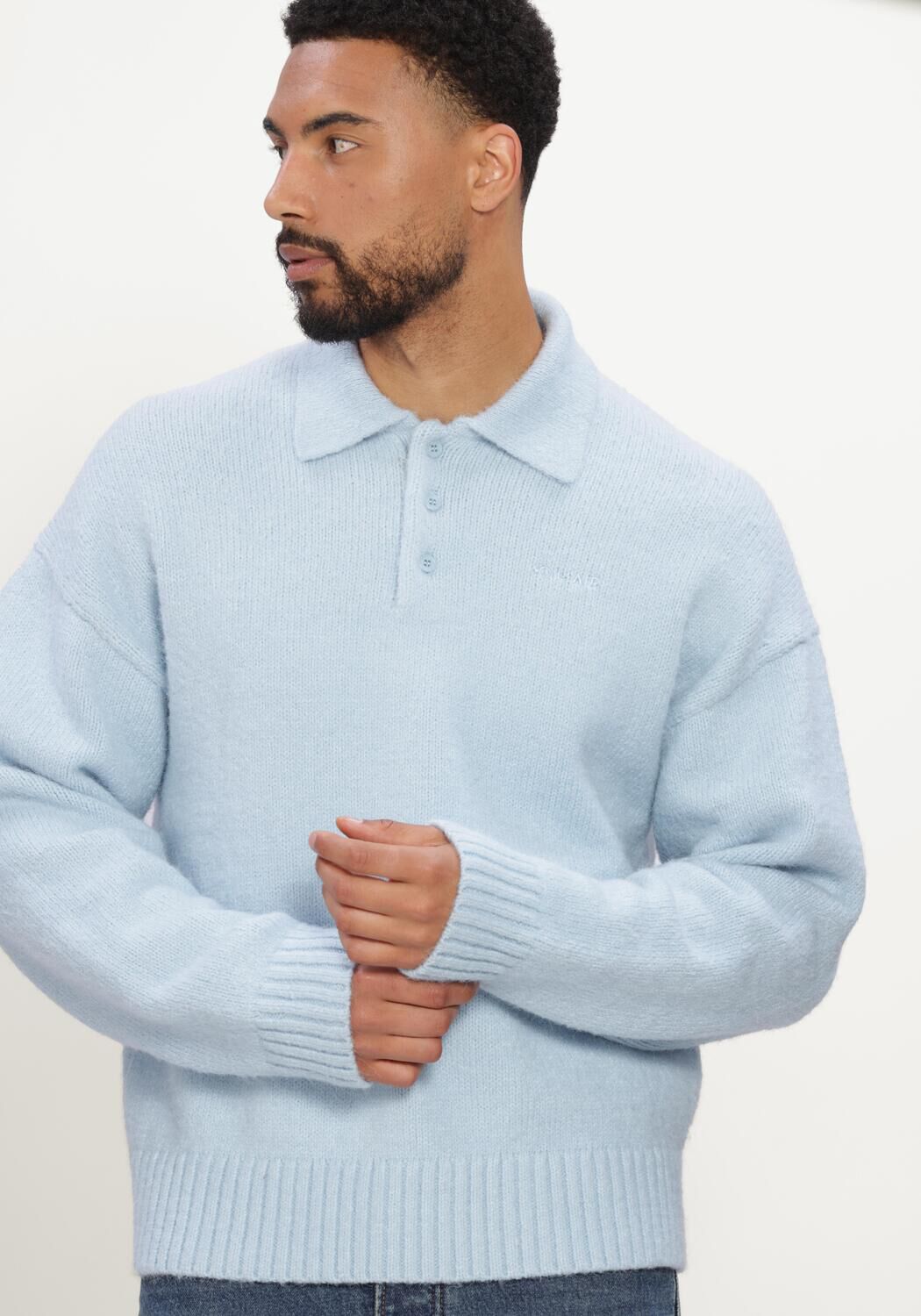 Lichtblauwe OLAF HUSSEIN Trui OVERSIZED KNITTED POLO - large