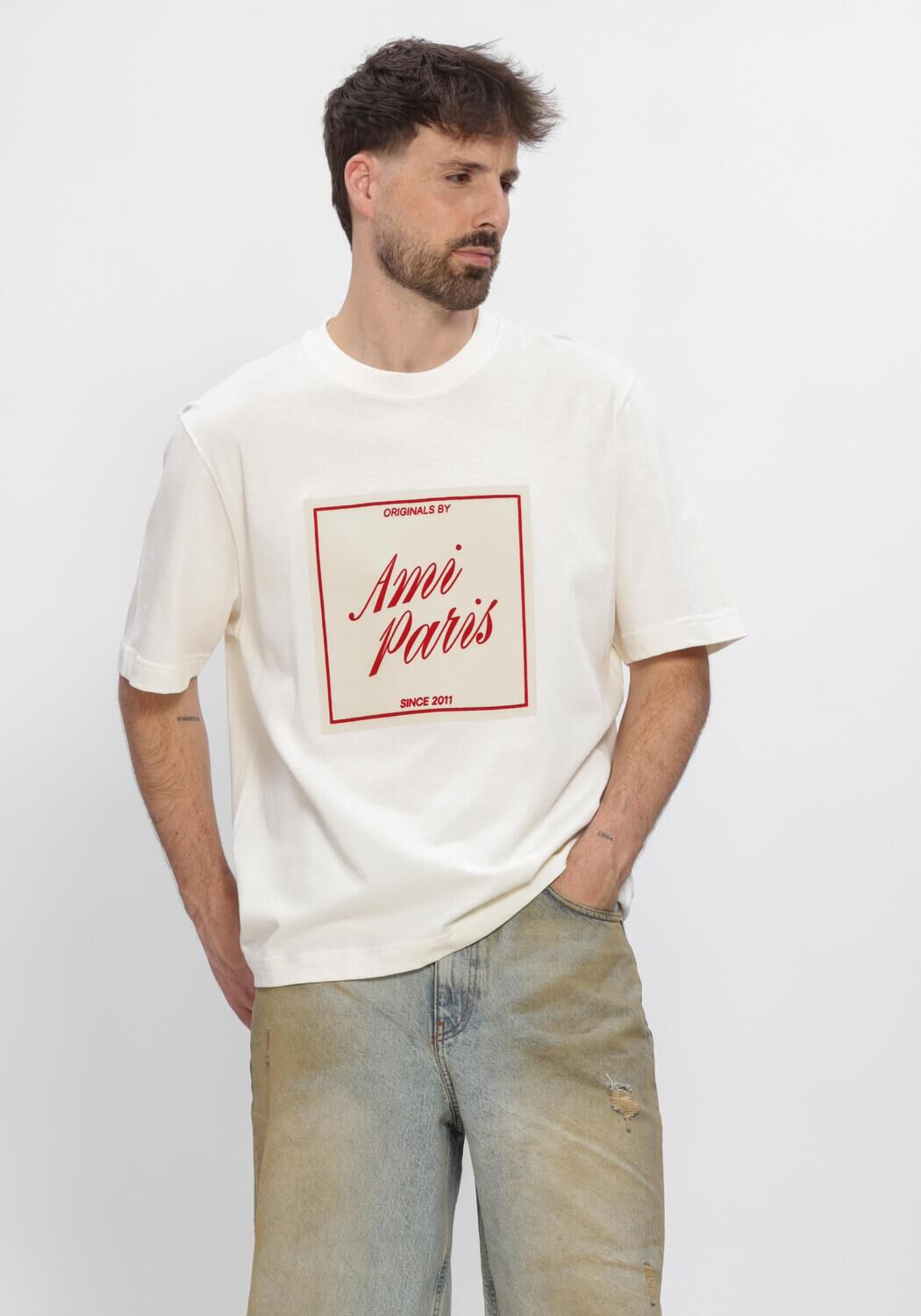 Ecru AMI PARIS T-shirt BOXY FIT SHORT SLEEVES TEEHISRT WITH SIGNATURE PRINT AT FRONT - large