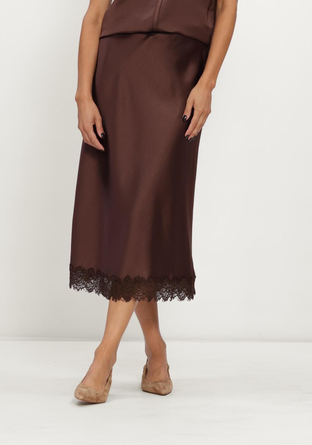 Bruine LUISA CERANO Midirok SATIN-ROCK MIT SPITZENDETAIL - large