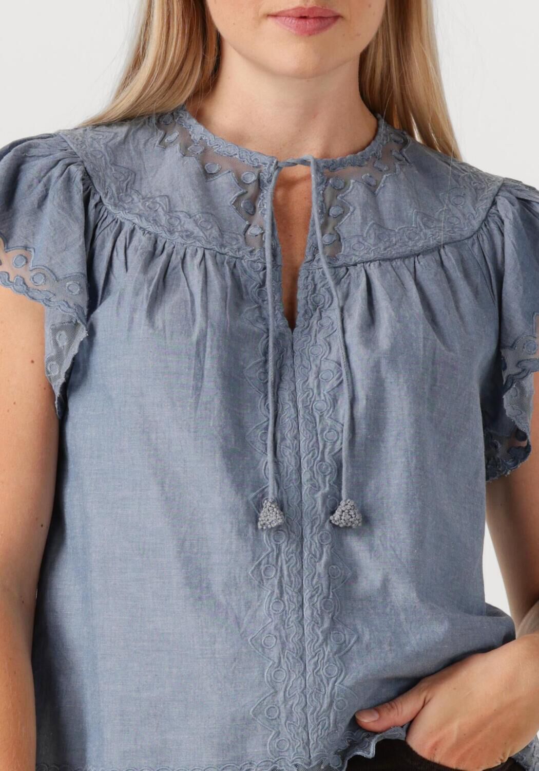 Blauwe ULLA JOHNSON Top EFFIE FLUTTER SLEEVE TOP - large
