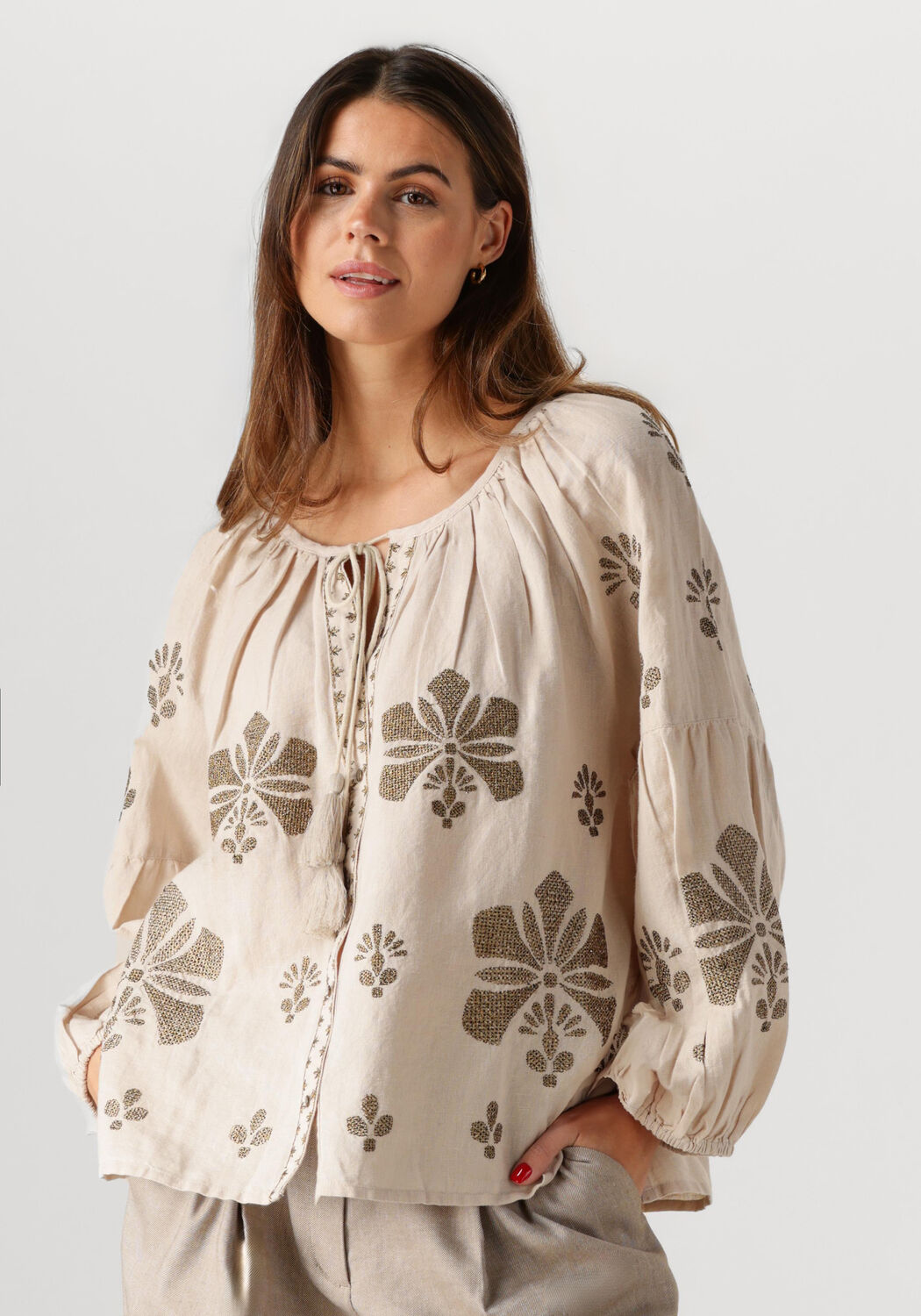 Summum Blouse Dames Longsleeve Top Linen Heavy Embroidery, Maat: 34, Kleur: Beige afbeelding