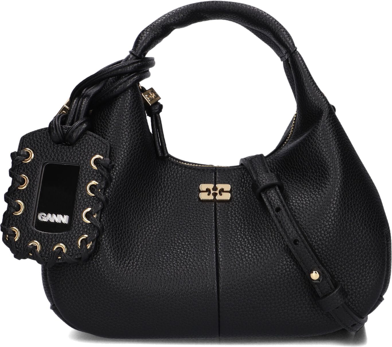 Ganni Ganni Handtas Dames Hobo Mini Grained, Materiaal: Leer, Kleur: Zwart