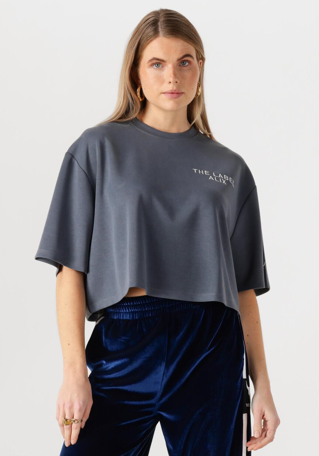 Alix the Label T-Shirt Dames Ladies Knitted Flowy Cropped Tshirt, Maat: L, Kleur: Grijs