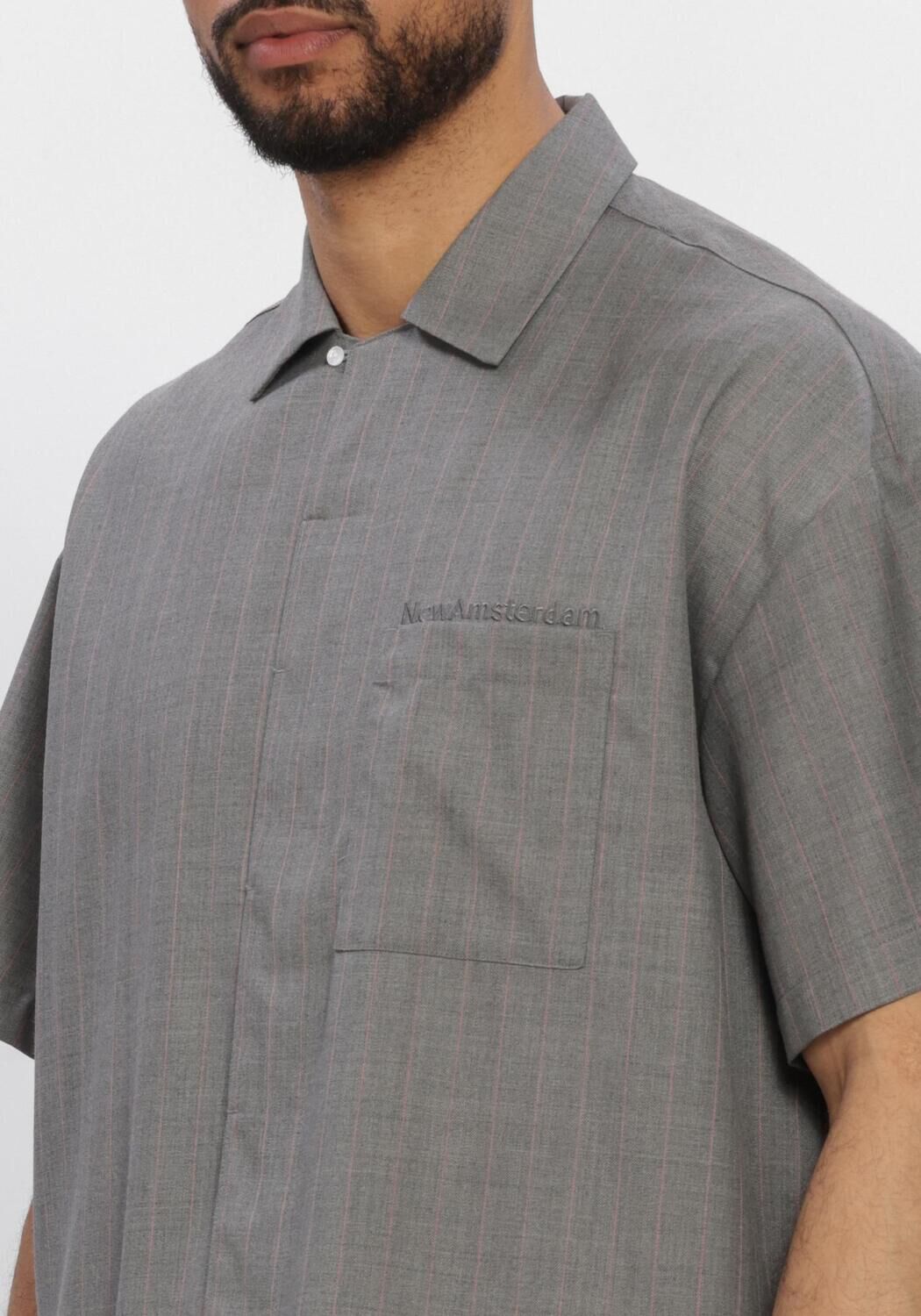 Grijze NEW AMSTERDAM SURF ASSOCIATION Casual overhemd WIJK SHIRT WOOL GREY WITH PINK PINSTRIPES - large