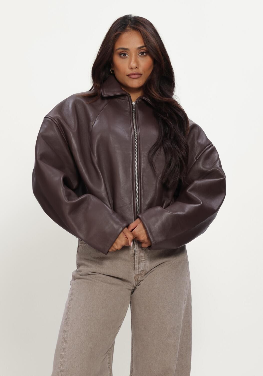 Bruine ROTATE Leren jas BONDED LEATHER JACKET - large