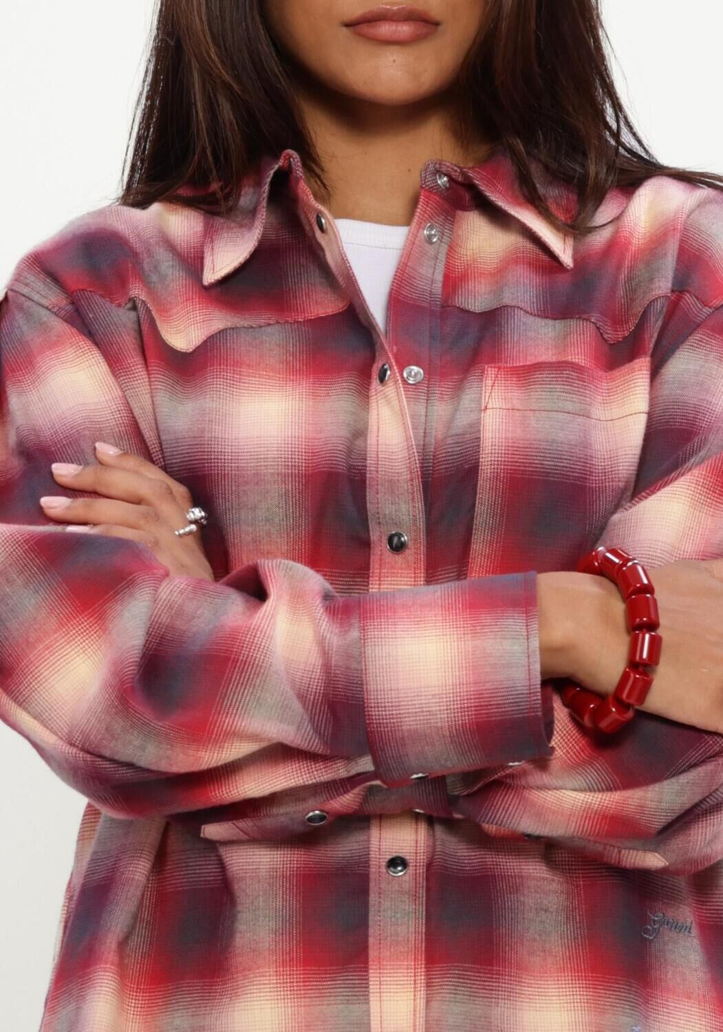 Rode GANNI Blouses COTTON FLANNEL CHECK PLEATED SLEEVE SHIRT - large