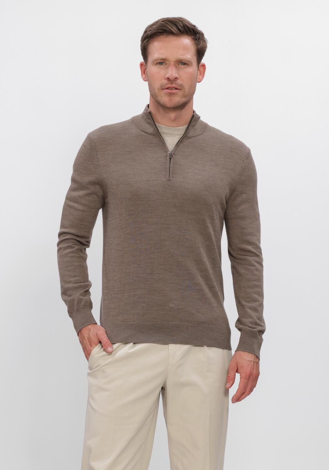 Taupe PROFUOMO Trui PULLOVER HALF ZIP EXTRAFINE MERINO - large