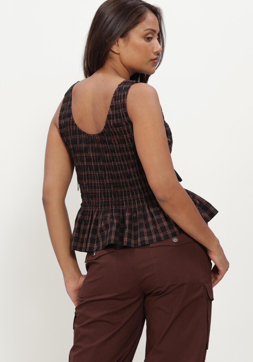 Bruine GANNI Tops & T-shirts YARN DYED CHECK SMOCKED TIE STRING TOP - large