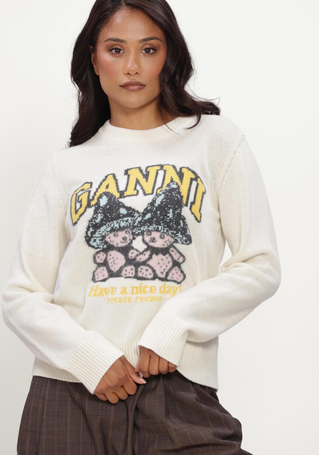 Ecru GANNI Trui GRAPHIC WOOL SWEATER TEDDY MUSHROOM - large