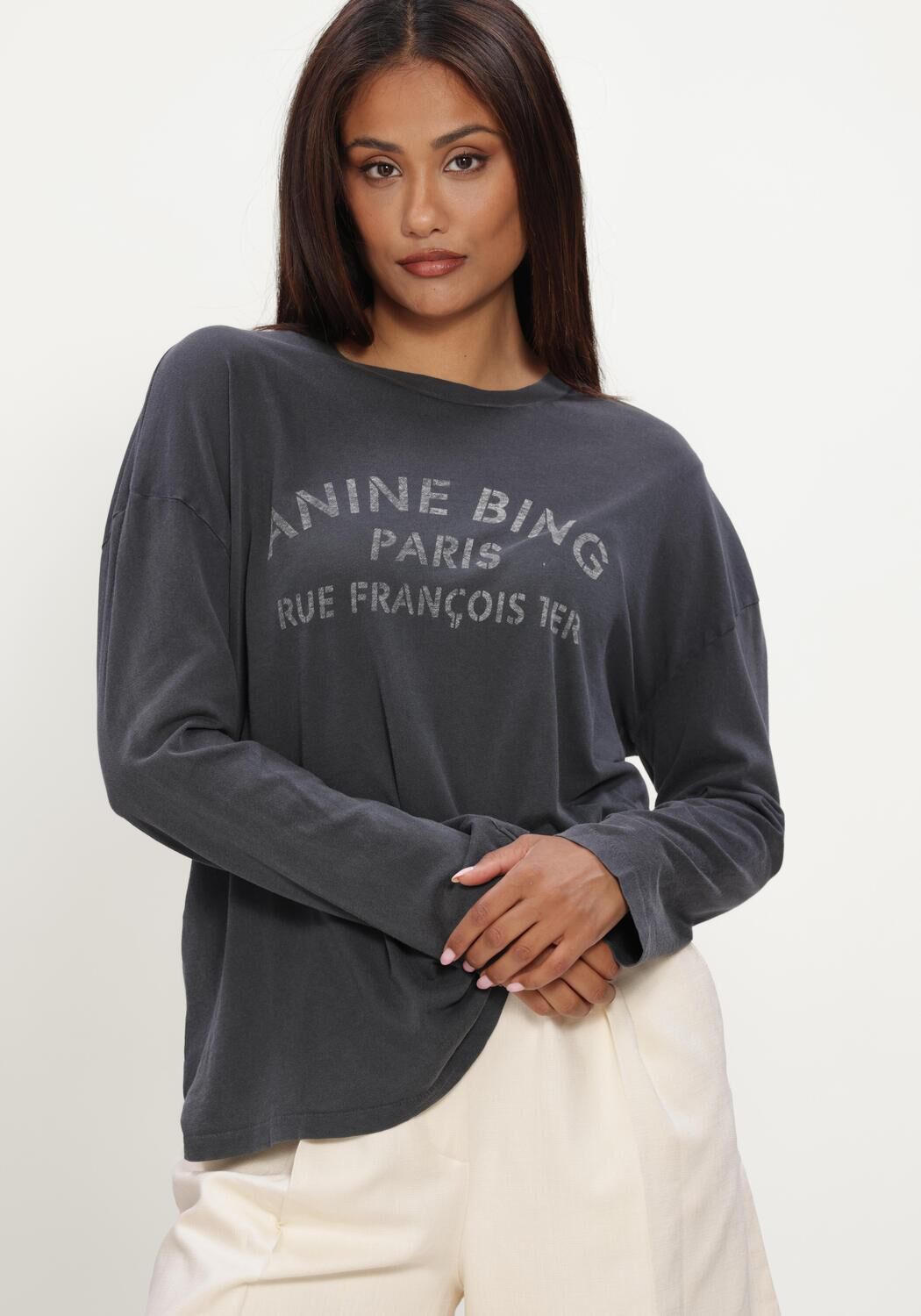 Donkergrijze ANINE BING T-shirt IVAN LONG SLEEVE PARIS STENCIL - large