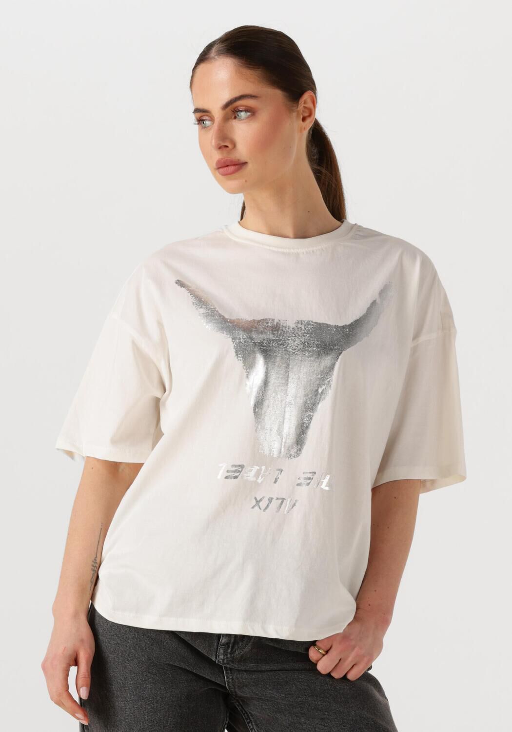 Alix the Label T-Shirt Dames Ladies Knitted Silver Bull T-shirt, Maat: L, Kleur: Wit