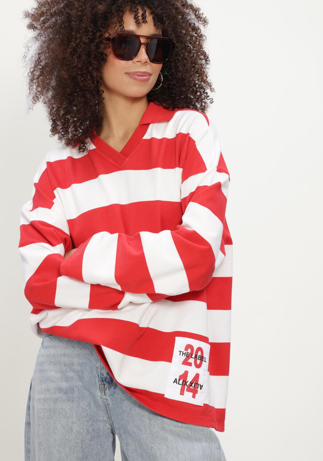Rode ALIX THE LABEL Truien/vesten LADIES KNITTED BLOCK STRIPE POLO SWEATER - large
