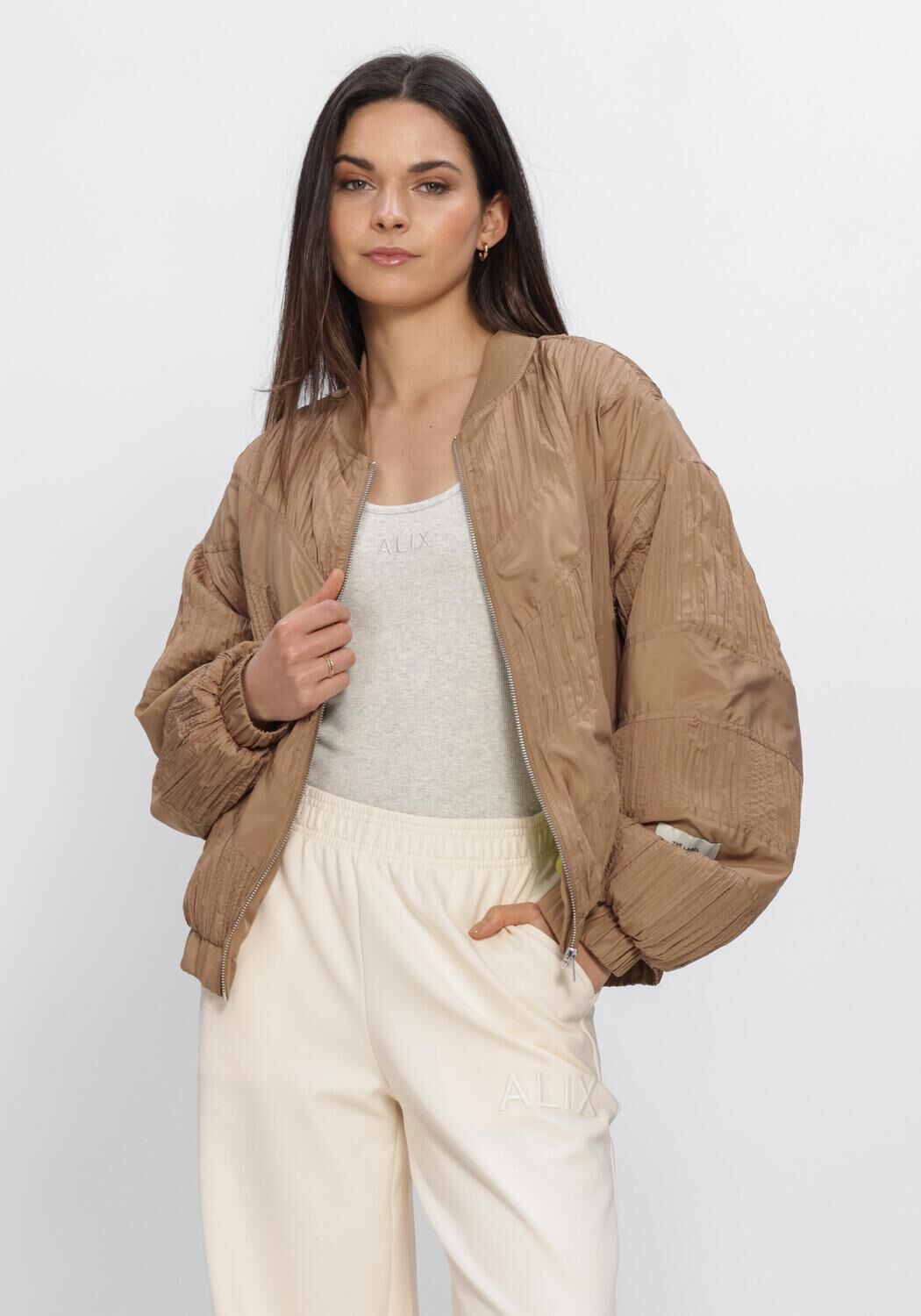 Camel ALIX THE LABEL Jack LADIES WOVEN PLISSE BOMBER - large