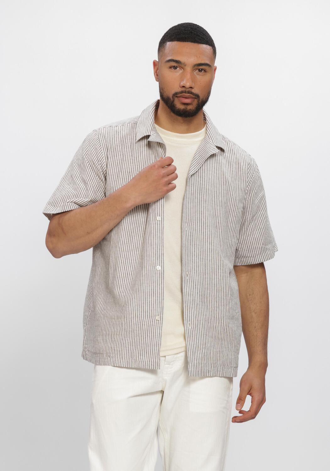 Les Deux Casual Overhemd Heren Lukas Stripe Cotton Linen Ss Shirt, Maat: S, Kleur: Ecru afbeelding 1