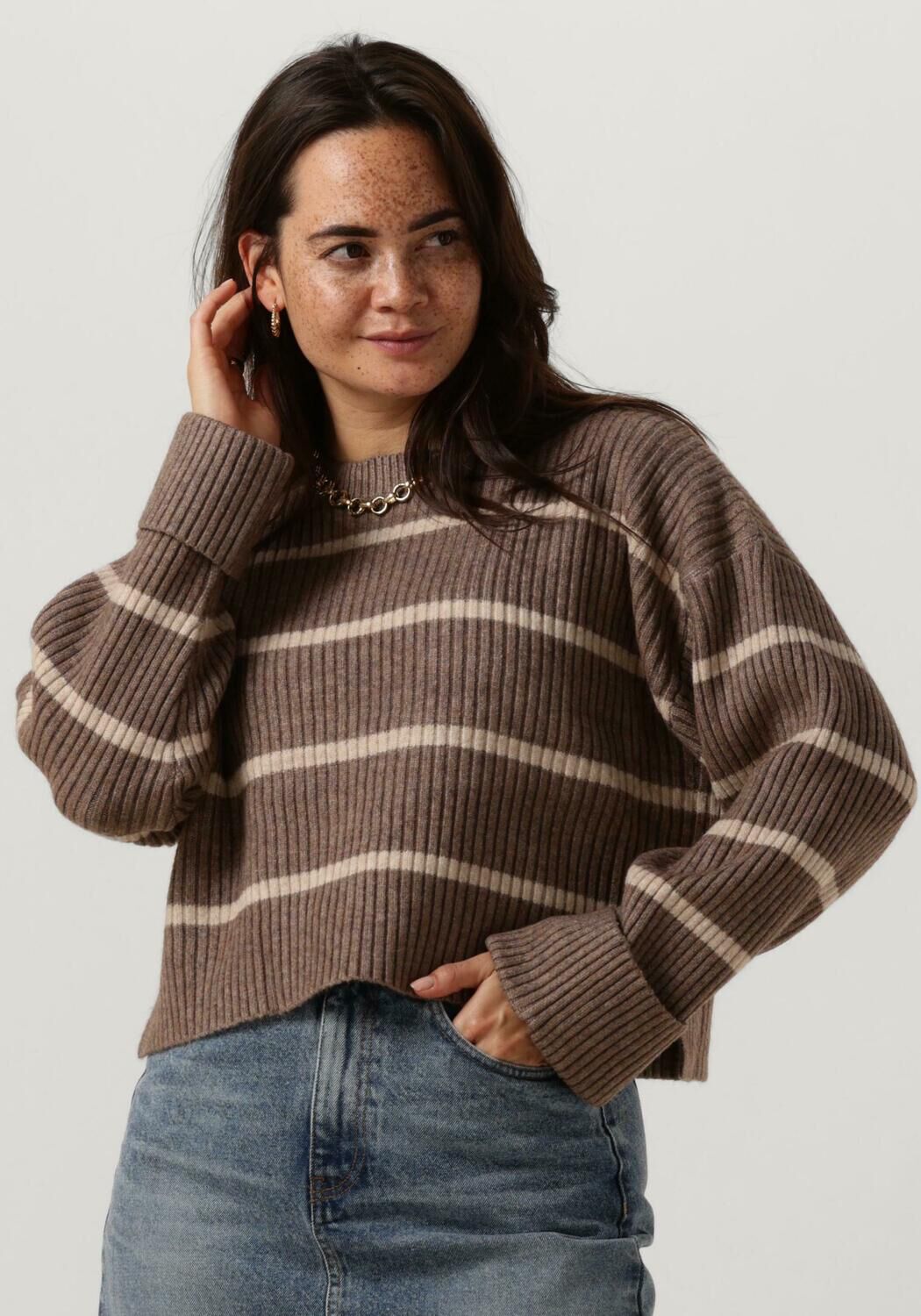 Co'Couture Trui Dames Row Stripe Box Crop Knit, Maat: L, Kleur: Beige