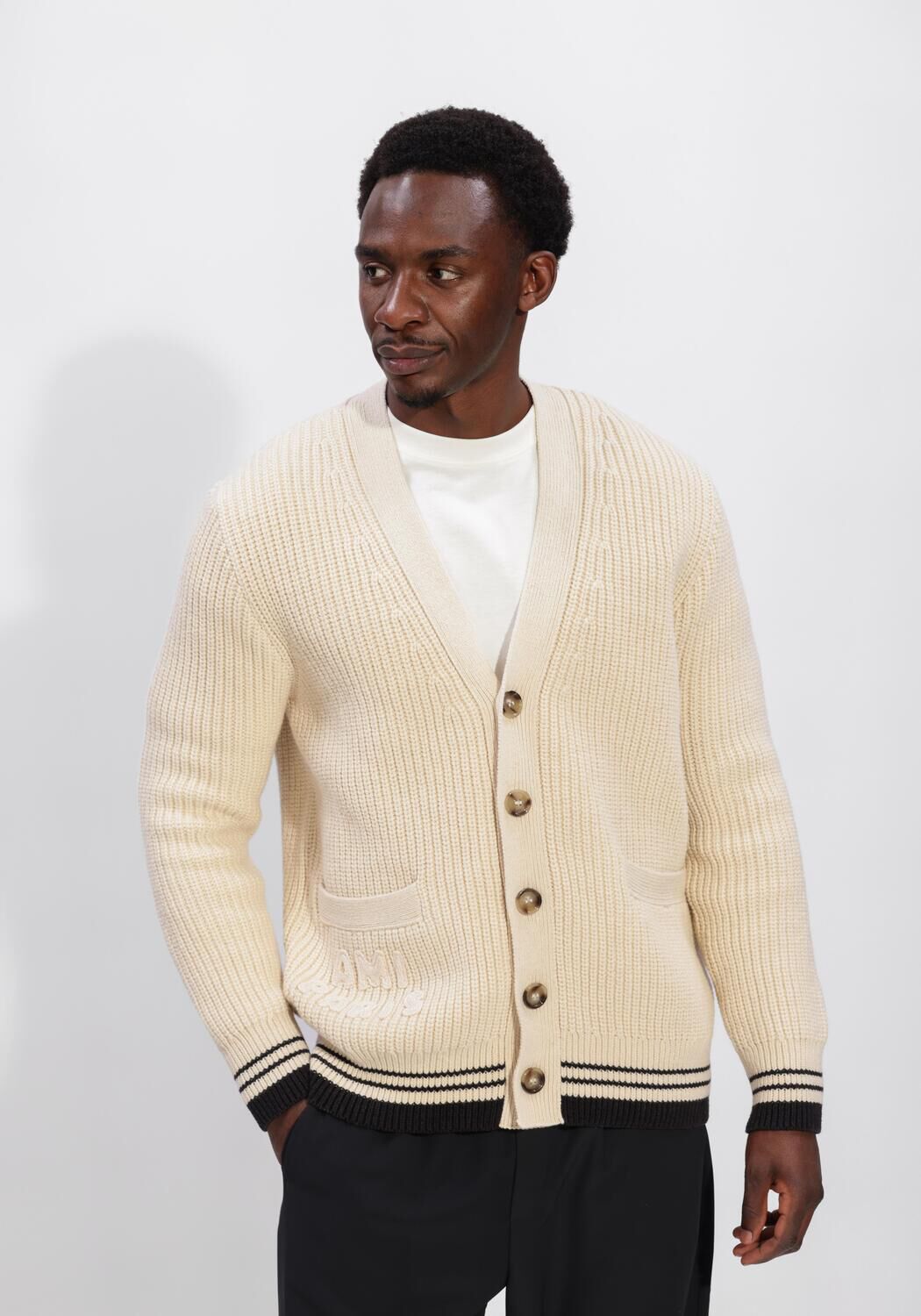 Ecru AMI PARIS Vest CARDIGAN WITH AMI DE COEUR AND AMI PARIS PATCH - large