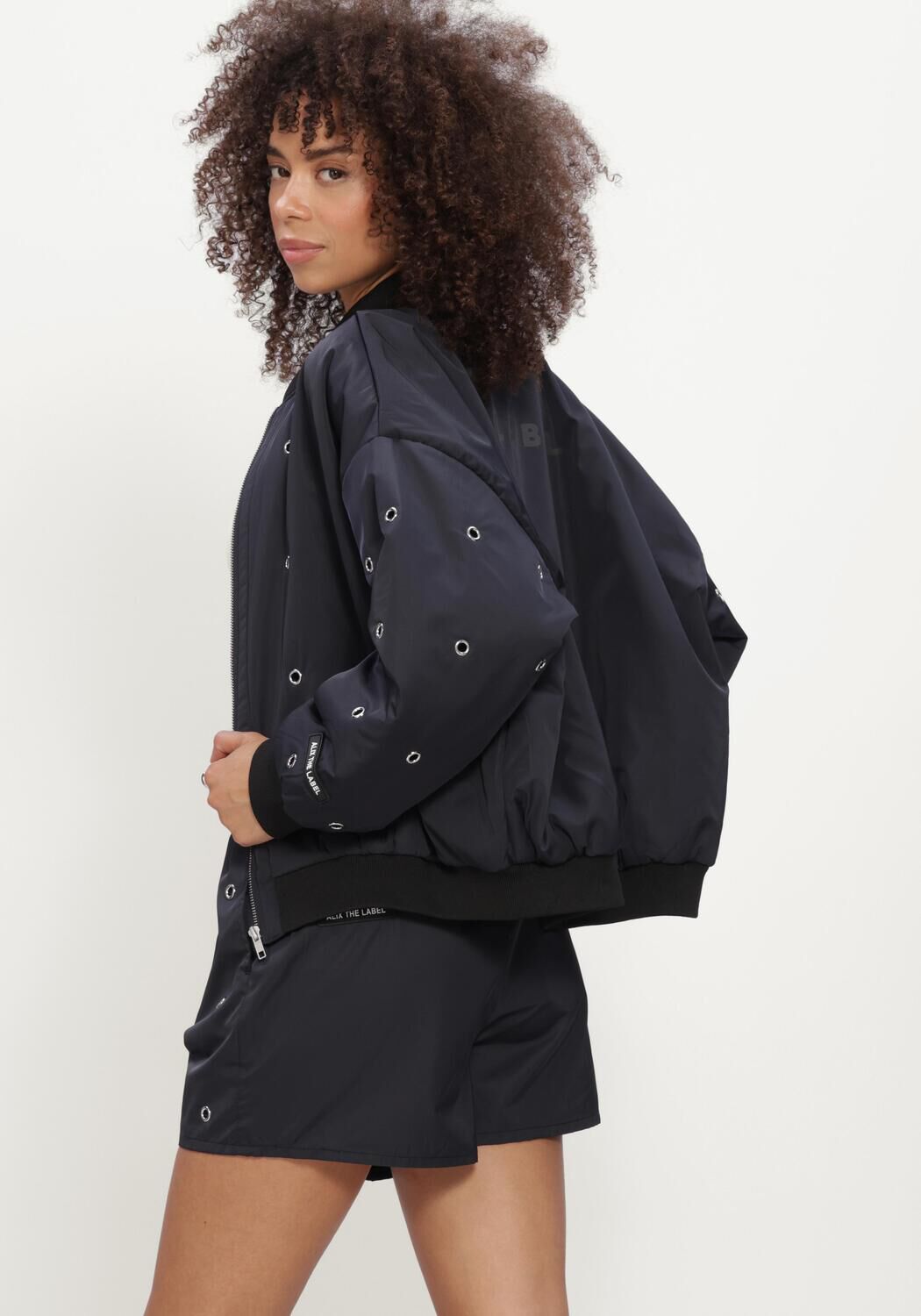 Donkerblauwe ALIX THE LABEL Jack LADIES WOVEN EYELET BOMBER - large