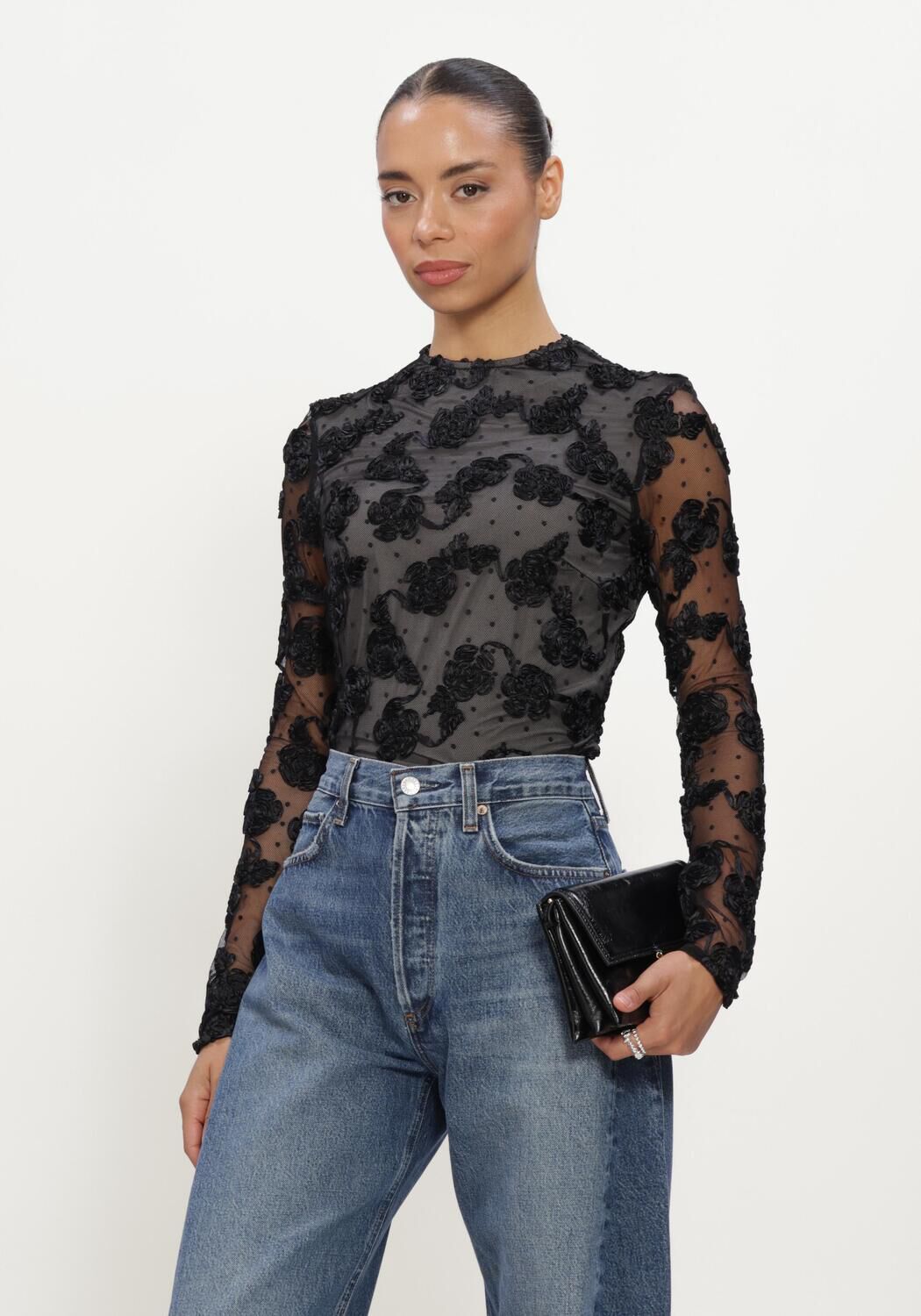 Zwarte ROTATE Top FLOWER MESH LS TOP - large