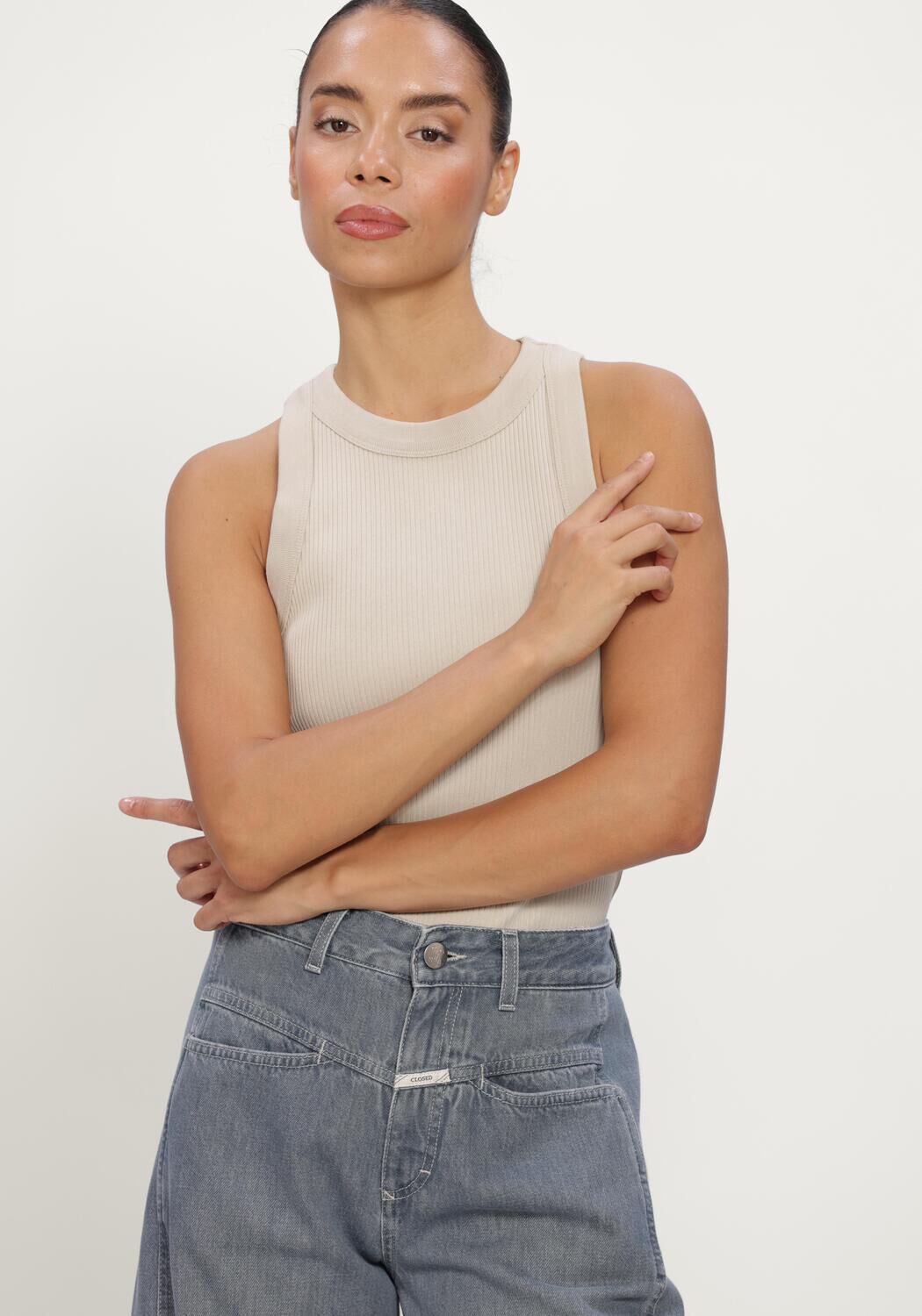 Beige OLAF HUSSEIN Top RETRO LOGO RIB TANK TOP - large