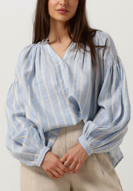 Lichtblauwe MOS MOSH Blouses SAFI STRIPED LINEN SHIRT - large