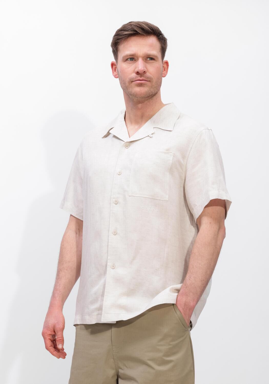 Ecru OLAF HUSSEIN Casual overhemd LINEN BLEND SS SHIRT - large