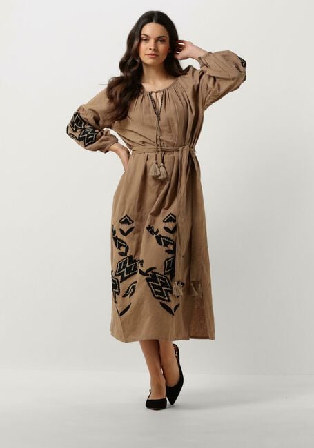 Bruine SUMMUM Midi jurk DRESS LINNEN HEAVY EMBROIDERY - large