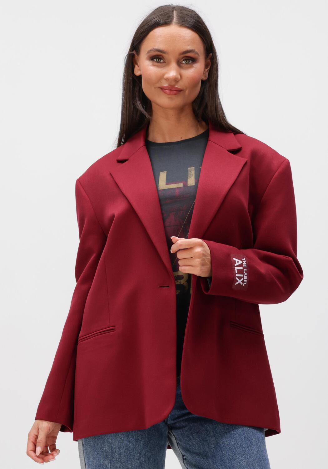 Alix the Label Blazer Dames Ladies Woven Oversized Blazer, Maat: L, Kleur: Bordeaux afbeelding 1