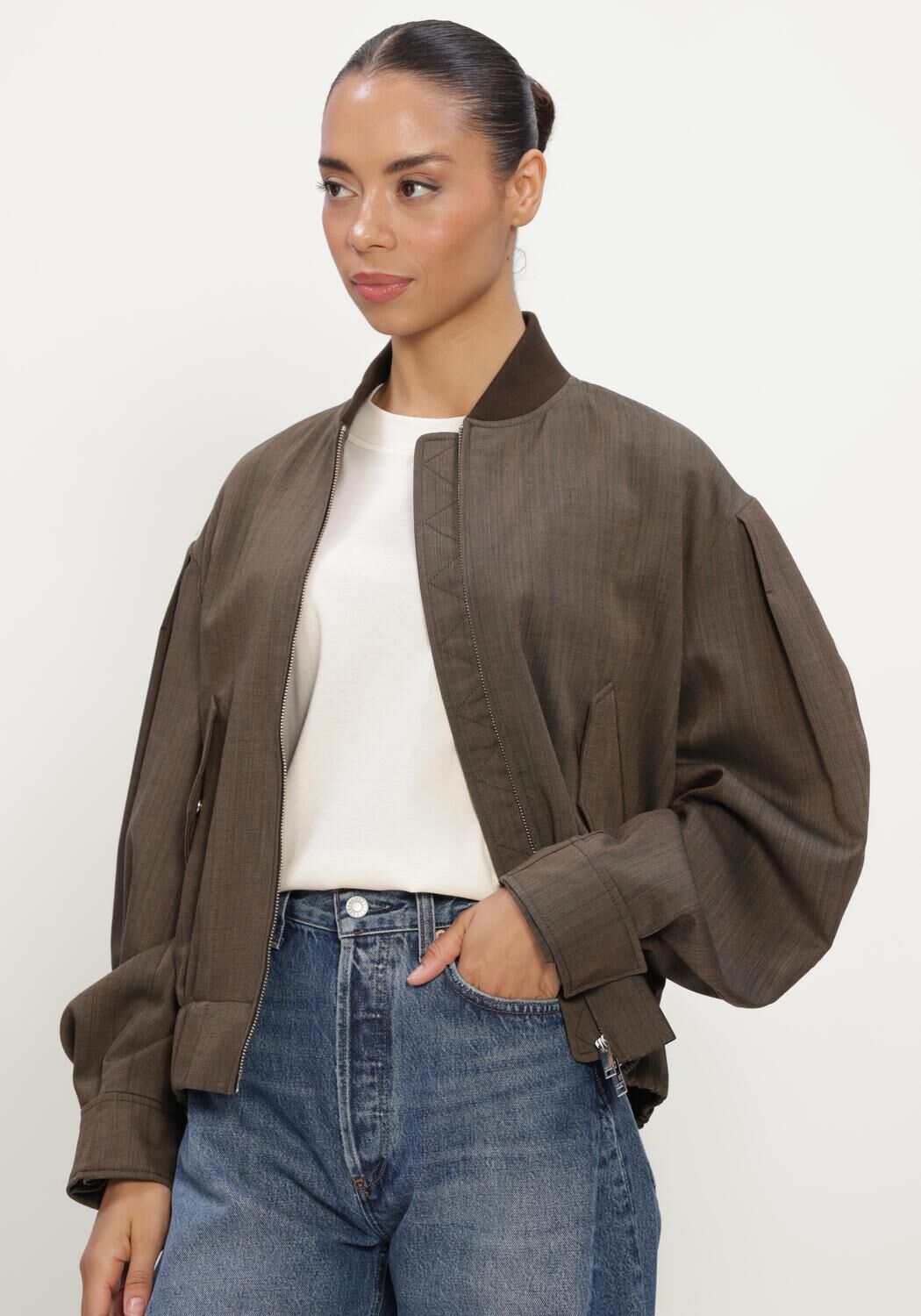 Donkergroene GANNI Jack LIGHT WOOL MELANGE BOMBER JACKET - large