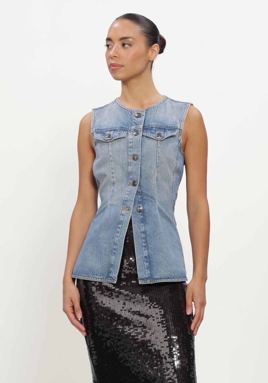 Lichtblauwe ROTATE Top FLARED DENIM TOP - large