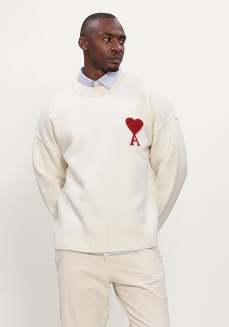 Ecru AMI PARIS Trui QUOTA - CREWNECK SWEATER WITH CONTRASTED AMI DE COEUR - large