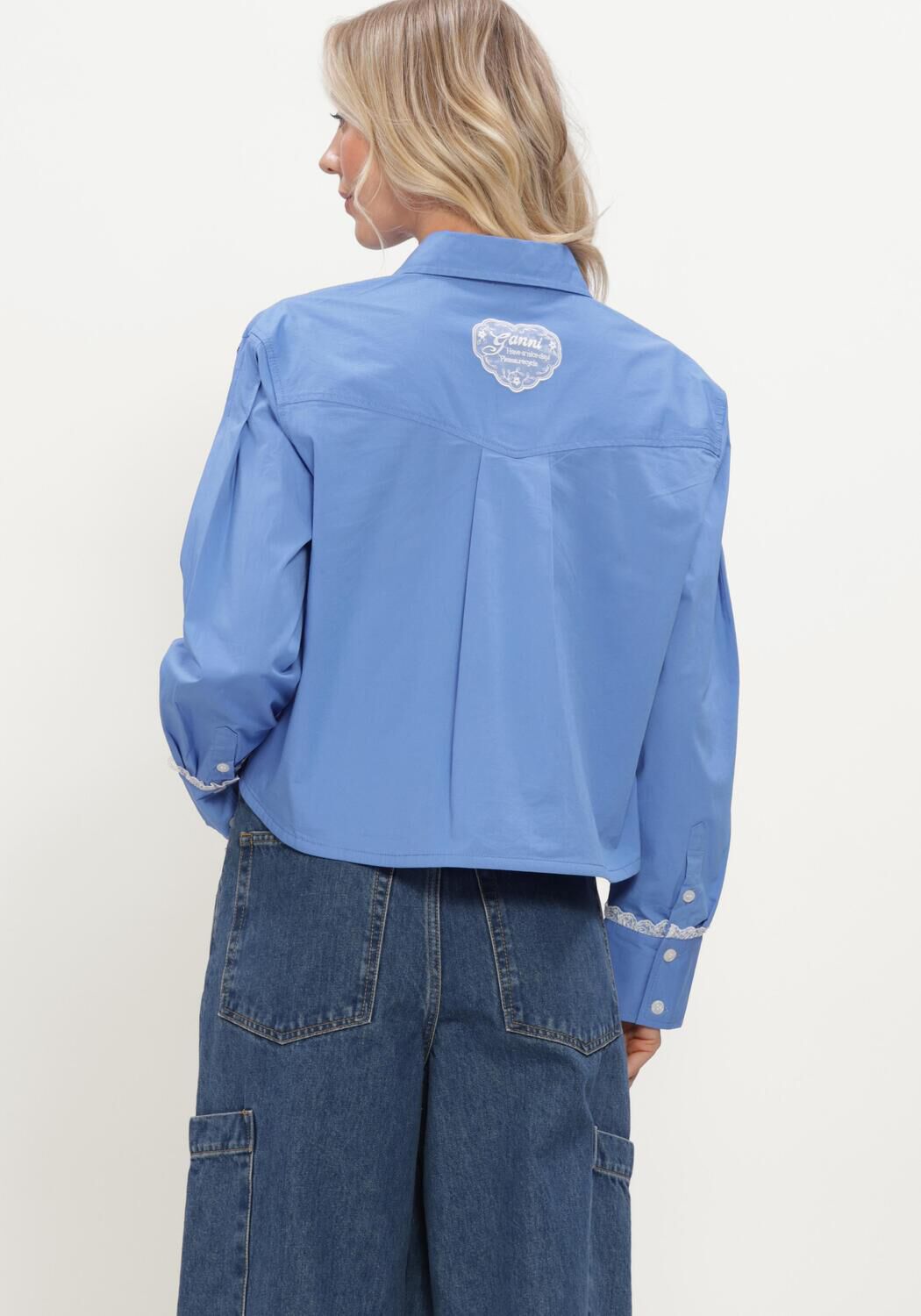 Blauwe GANNI Blouses STRETCH COTTON CROPPED BOWLING SHIRT - large