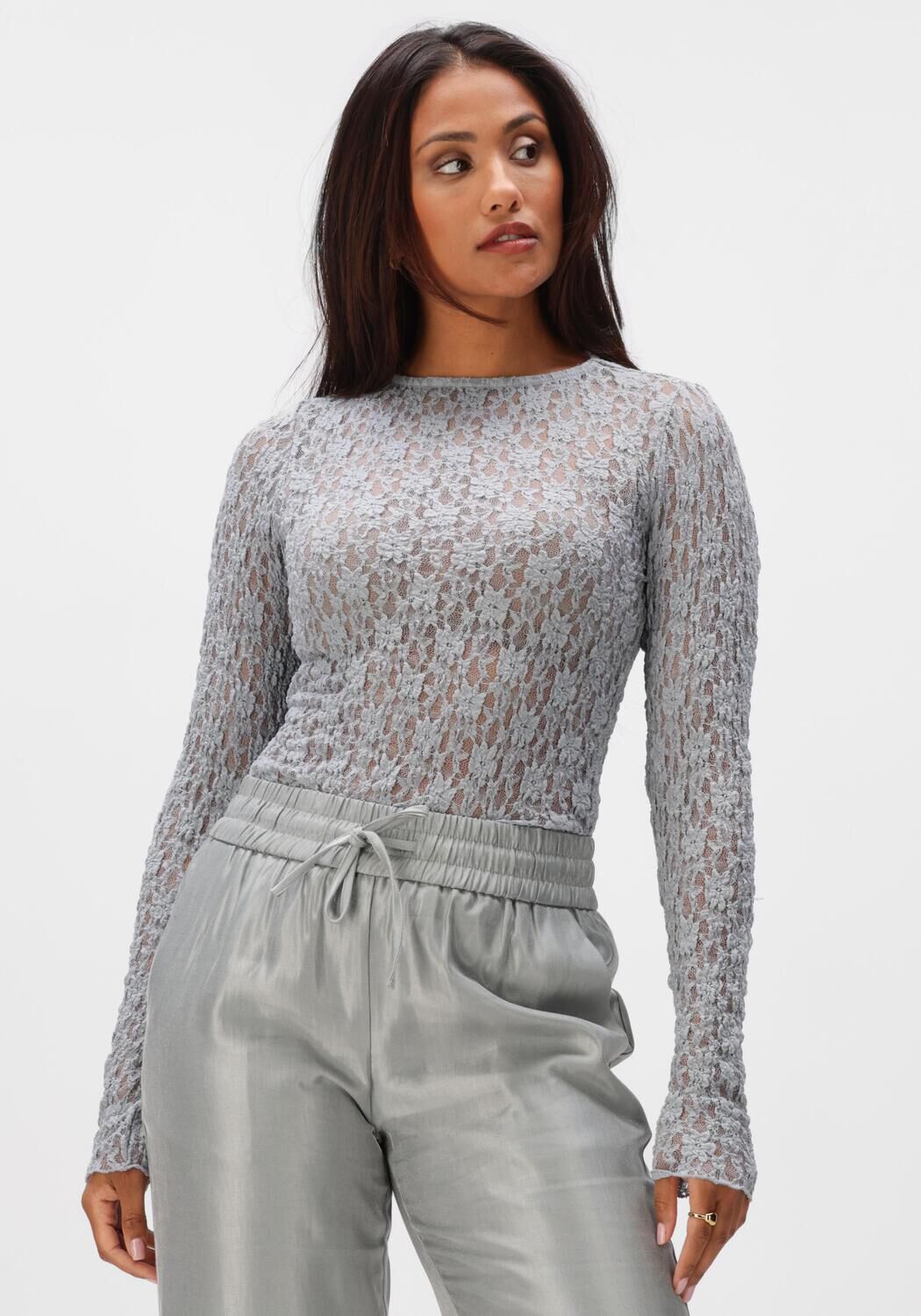 Aimee the Label Top Dames Annie Lace Longsleeve, Maat: XS, Kleur: Lichtgrijs afbeelding 1