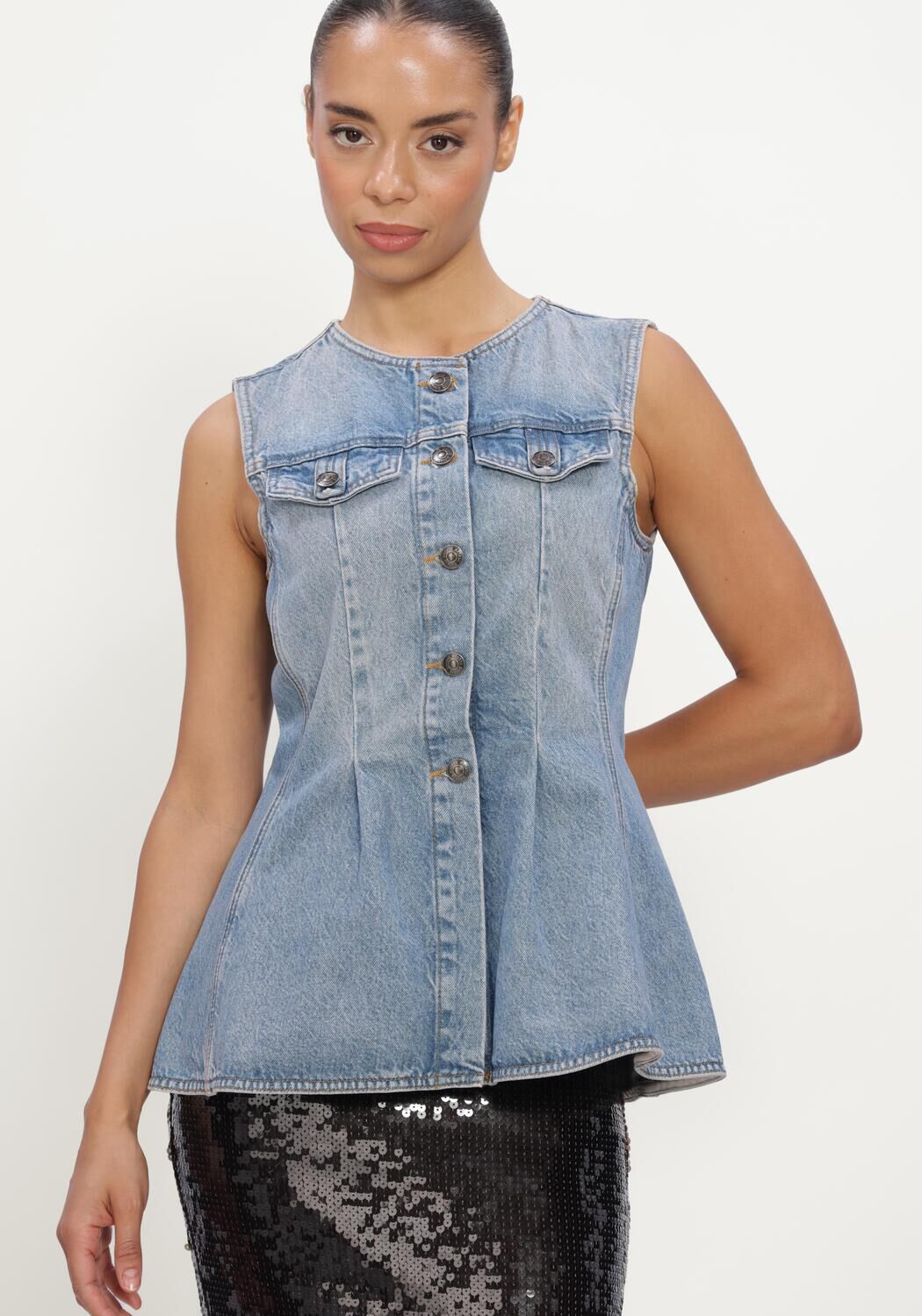 Lichtblauwe ROTATE Top FLARED DENIM TOP - large