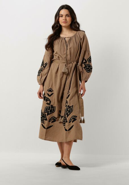 Bruine SUMMUM Midi jurk DRESS LINNEN HEAVY EMBROIDERY - large