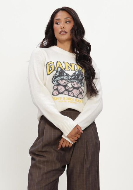 Ecru GANNI Trui GRAPHIC WOOL SWEATER TEDDY MUSHROOM - large