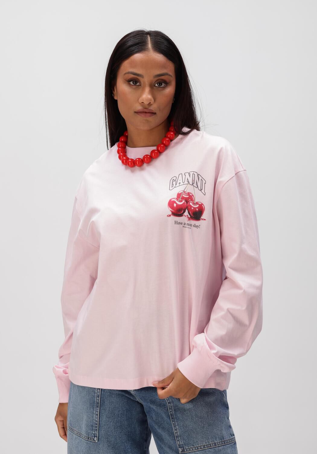 Lichtroze GANNI Trui BASIC COTTON JERSEY LONG SLEEVE - large