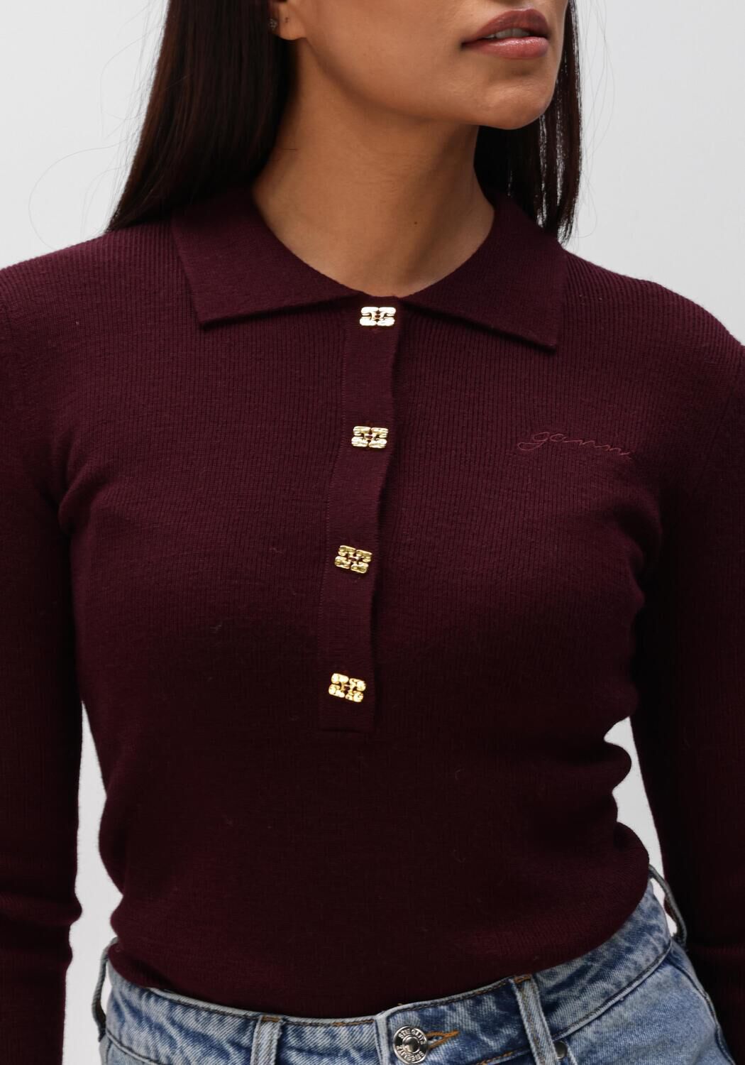 Bordeaux GANNI Trui MINI RIBBED MERINO POLO - large