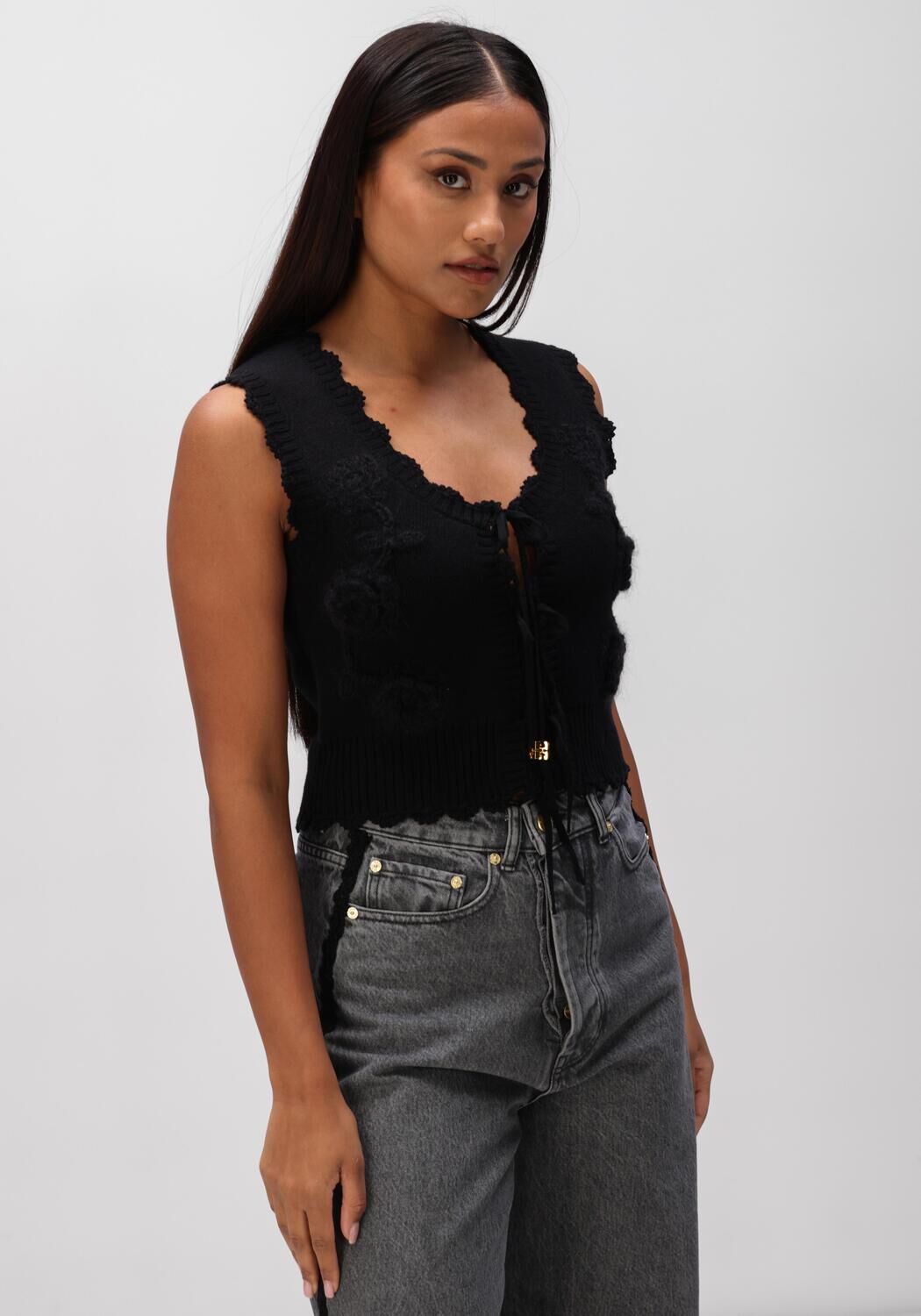 Zwarte GANNI Top COTTON CASHMERE CROCHET APPLIQUE VEST - large