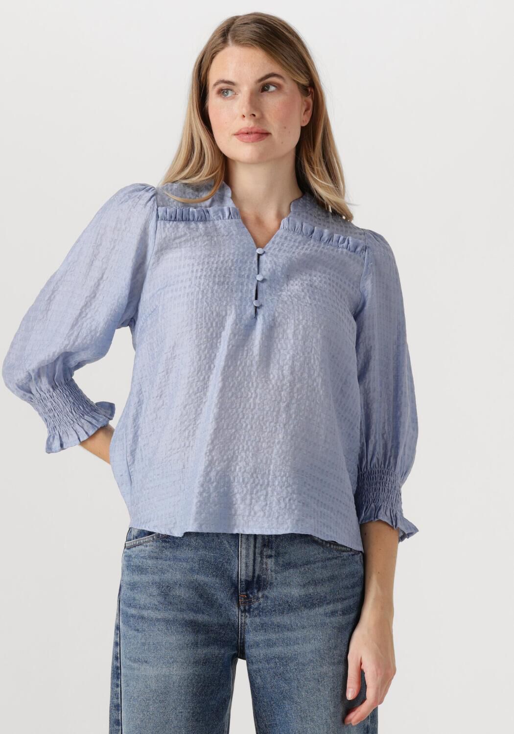 Co'Couture Blouse Dames Charliecc Frill Ss Shirt, Maat: L, Kleur: Lichtblauw afbeelding 1