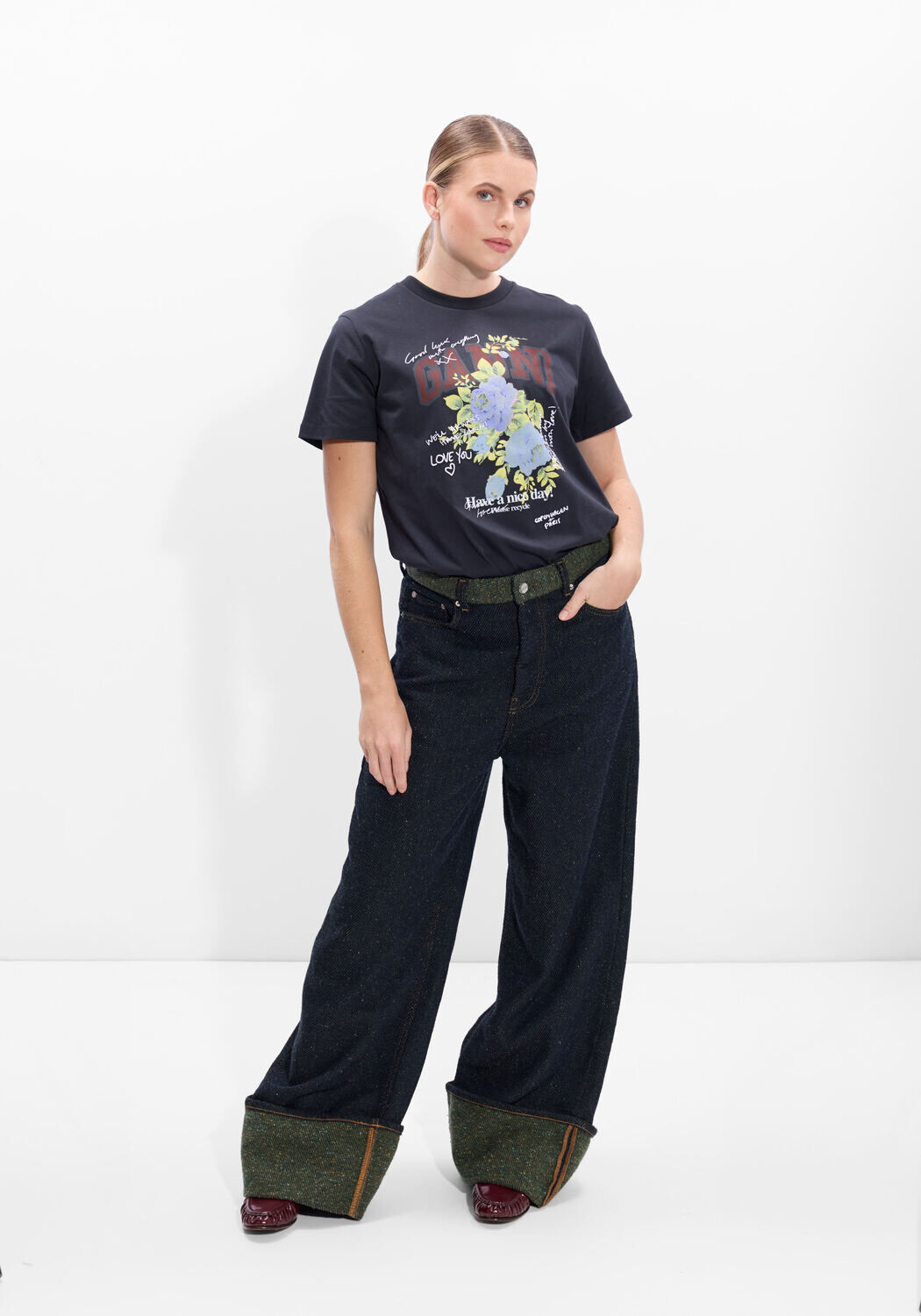 Zwarte GANNI Wide jeans MELANGE TWILL DENIM BAGGY JEANS FOLD-UP